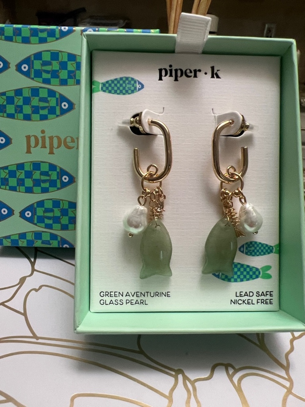 Piper K Green Aventurine Fish Drop Earrings Glass Pearl Gold Tone Charms